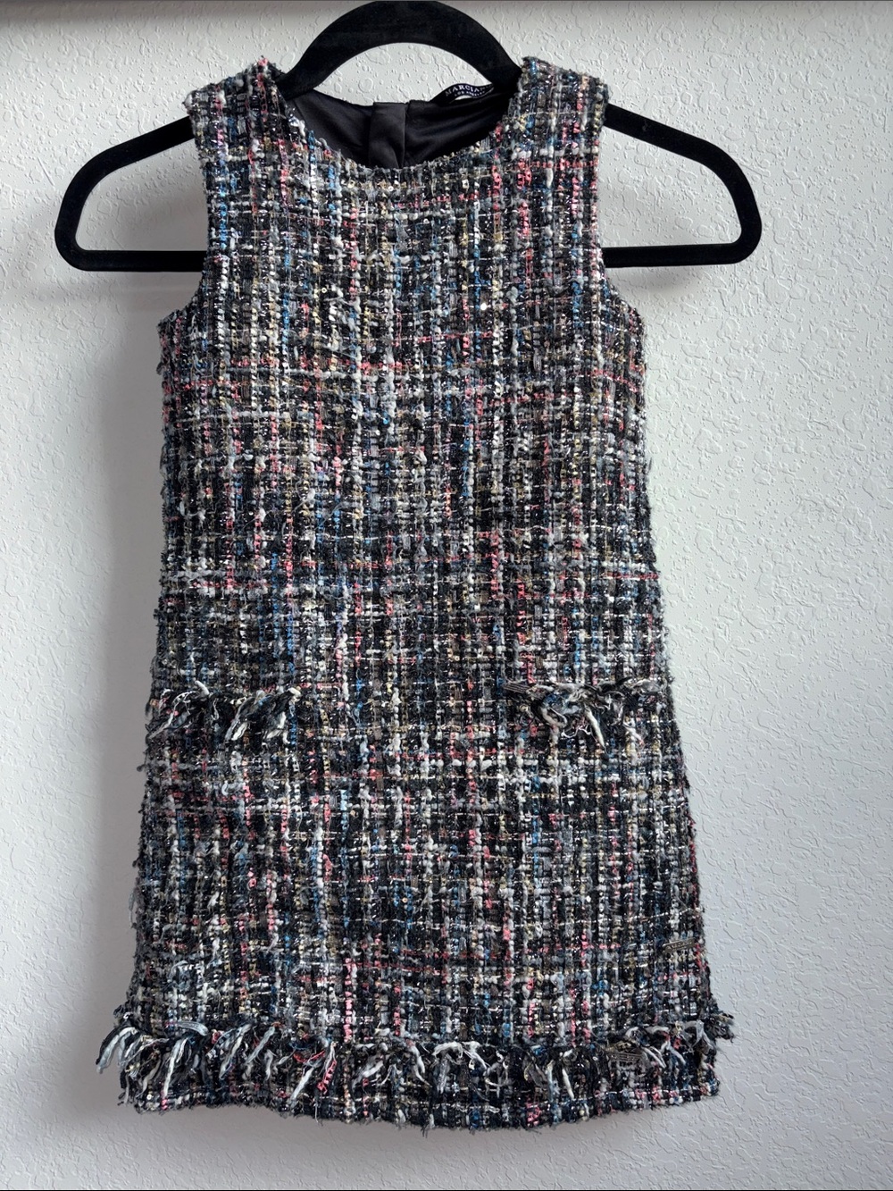 Marciano Girls Black Tweed Shift Dress with Pink & Blue Accents